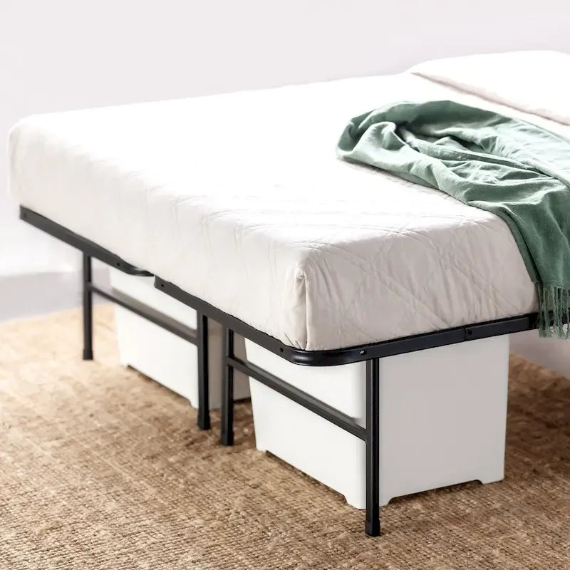 14-Zoll-Bettgestell aus schwarzem Stahl mit Bambuslatten und Stauraum unter dem Bett