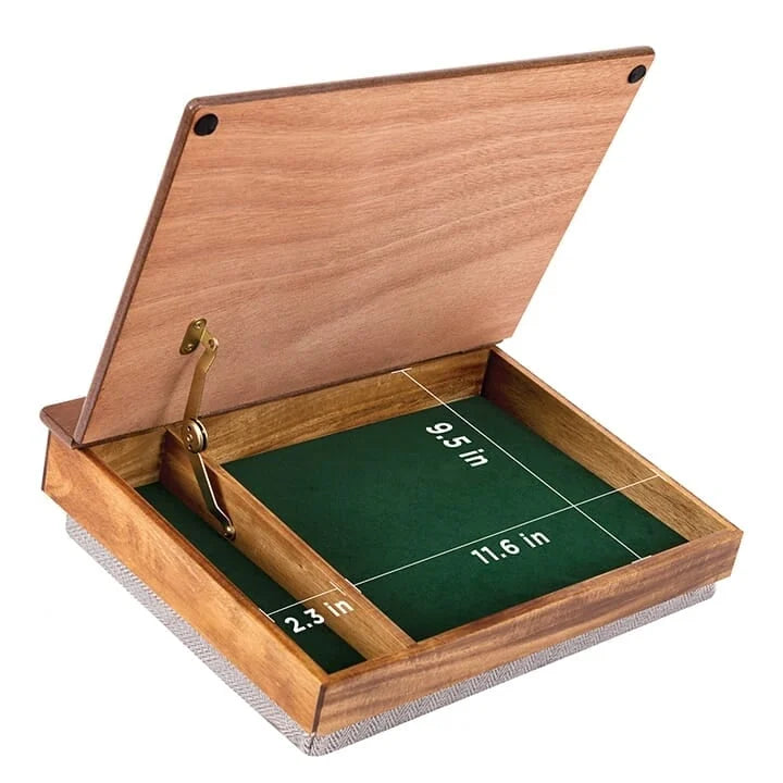 Scrittoio da grembo in legno con contenitore rialzabile, scanalatura portamatite e base imbottita