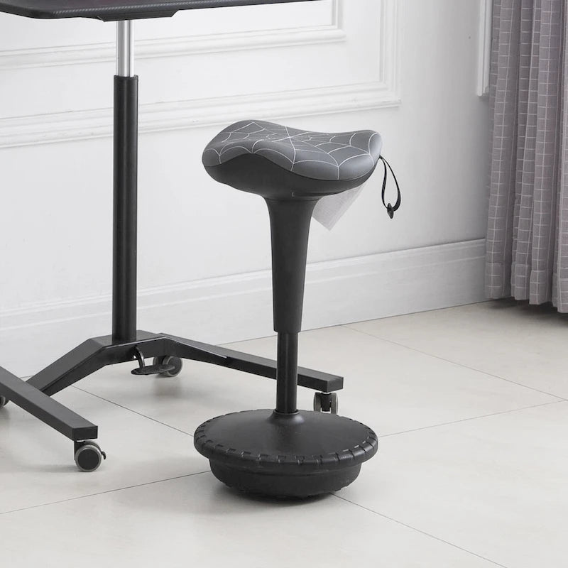 Tabouret de bureau gris réglable en hauteur avec assise rembourrée en forme de selle et pivot à 360 degrés