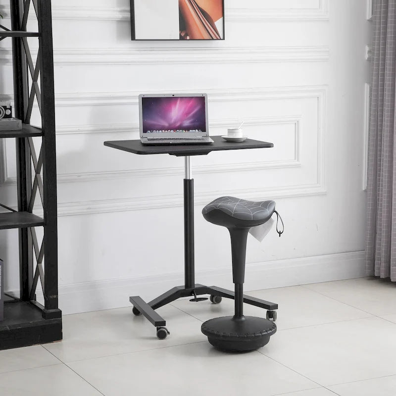 Tabouret de bureau gris réglable en hauteur avec assise rembourrée en forme de selle et pivot à 360 degrés