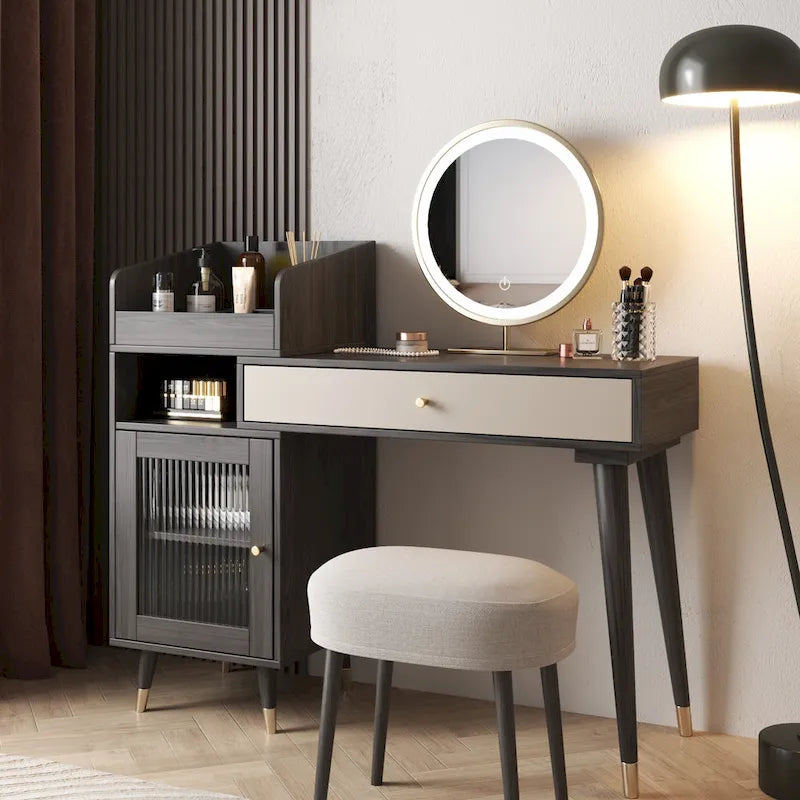 Extendable Makeup Vanity Desk with Drawers and Side Cabinet, 32.3–46.5 Inches