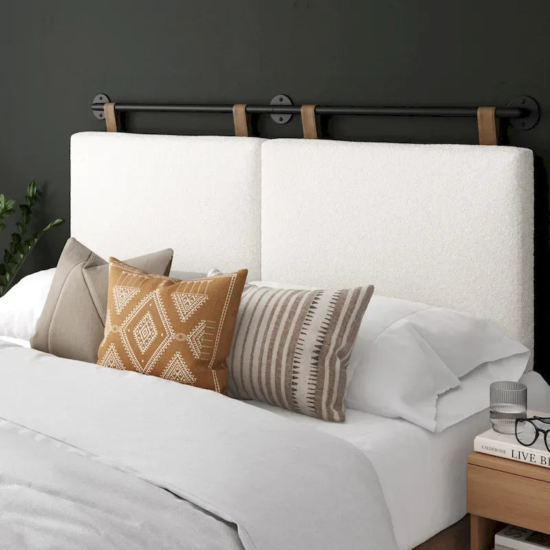 Charlie Wall Mount Boucle Upholstered Padded Headboard, Adjustable Height with Metal Rail