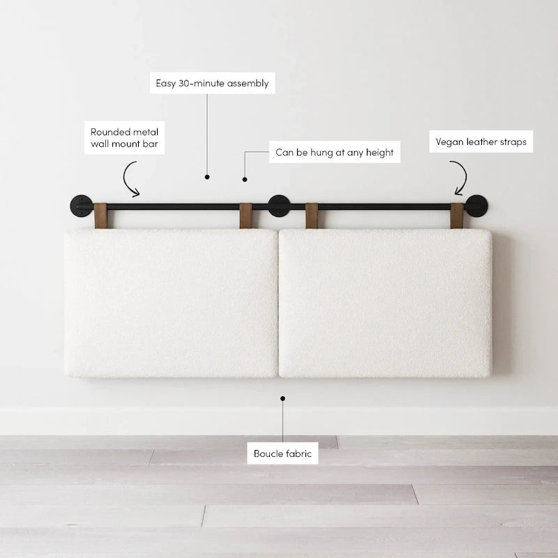 Charlie Wall Mount Boucle Upholstered Padded Headboard, Adjustable Height with Metal Rail