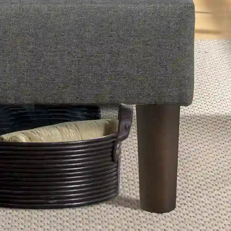 Dark Grey Upholstered Wingback Platform Bed with Nailhead Trim and Wood Slats