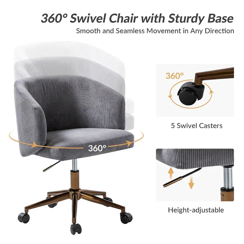 Höhenverstellbarer Cord-Sessel mit Trompetenfuß, 360-Grad-Drehfunktion und Schaumstoffpolsterung