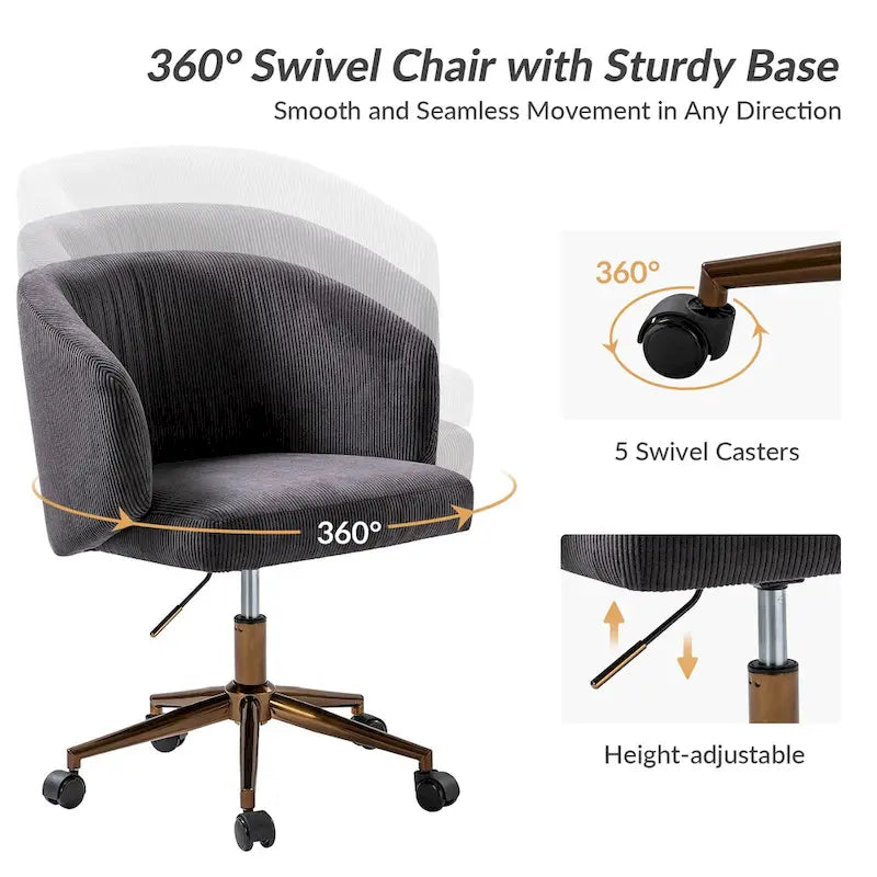 Höhenverstellbarer Cord-Sessel mit Trompetenfuß, 360-Grad-Drehfunktion und Schaumstoffpolsterung