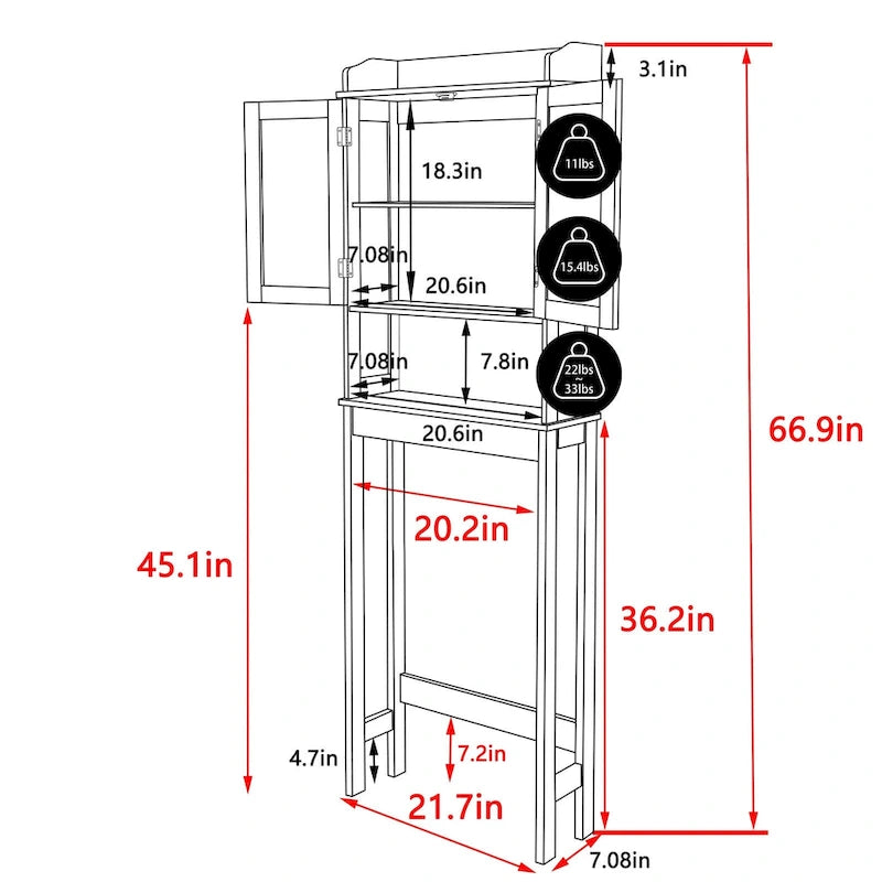 Over-the-Toilet Bathroom Storage Cabinet with 2 Doors and Adjustable Shelf