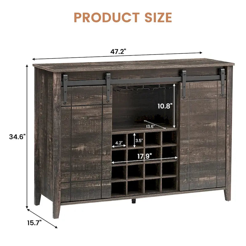 Farmhouse 47 Wine Bar Cabinet Buffet Sideboard Cabinet with 16 Bottle Wine Rack - 15.7D x 47.2W x 34.61H