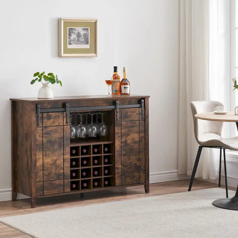 Farmhouse 47 Wine Bar Cabinet Buffet Sideboard Cabinet with 16 Bottle Wine Rack - 15.7D x 47.2W x 34.61H