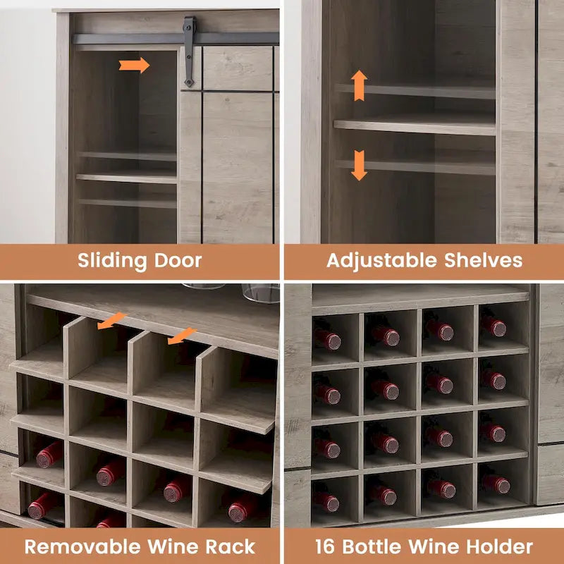 Farmhouse 47 Wine Bar Cabinet Buffet Sideboard Cabinet with 16 Bottle Wine Rack - 15.7D x 47.2W x 34.61H