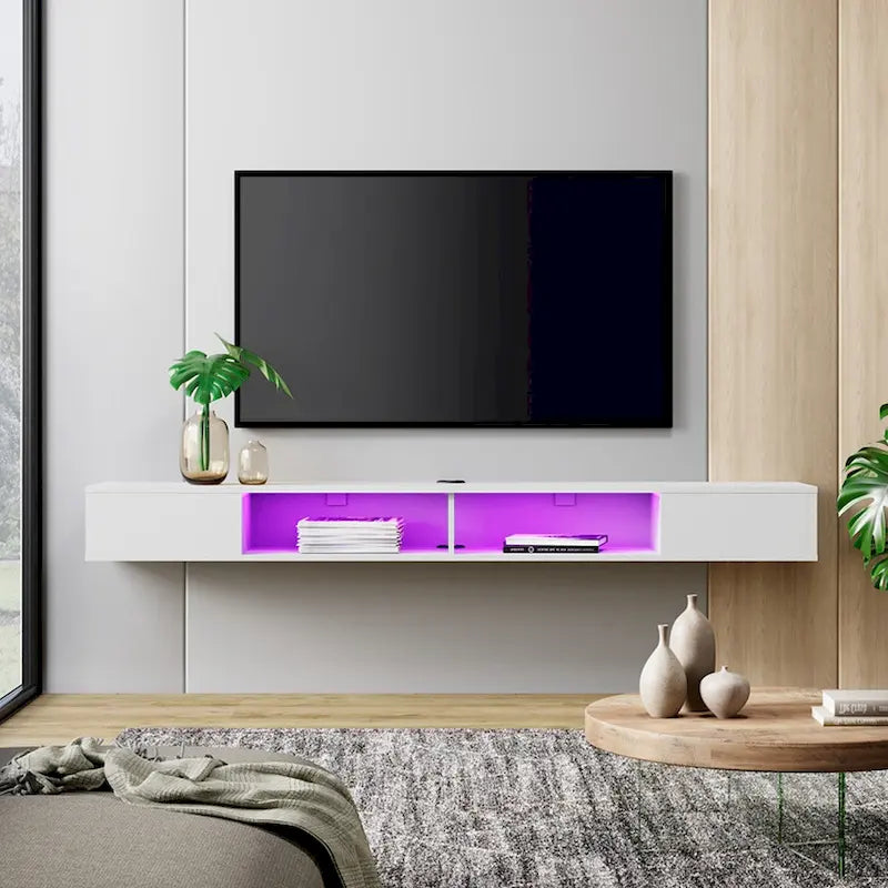 Móvel de TV flutuante branco de 70 polegadas com iluminação LED, compartimentos de arrumação e gestão de cabos