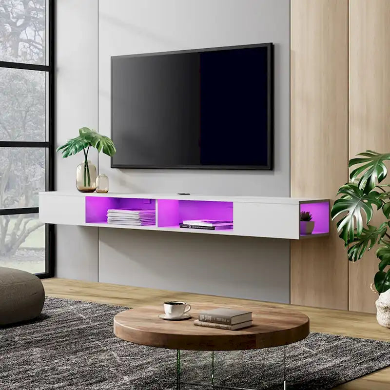 Móvel de TV flutuante branco de 70 polegadas com iluminação LED, compartimentos de arrumação e gestão de cabos