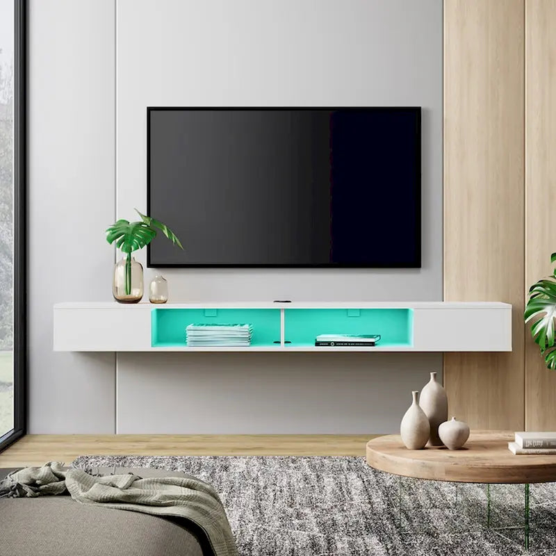 Móvel de TV flutuante branco de 70 polegadas com iluminação LED, compartimentos de arrumação e gestão de cabos