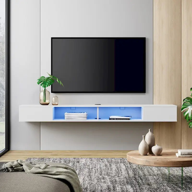 Móvel de TV flutuante branco de 70 polegadas com iluminação LED, compartimentos de arrumação e gestão de cabos