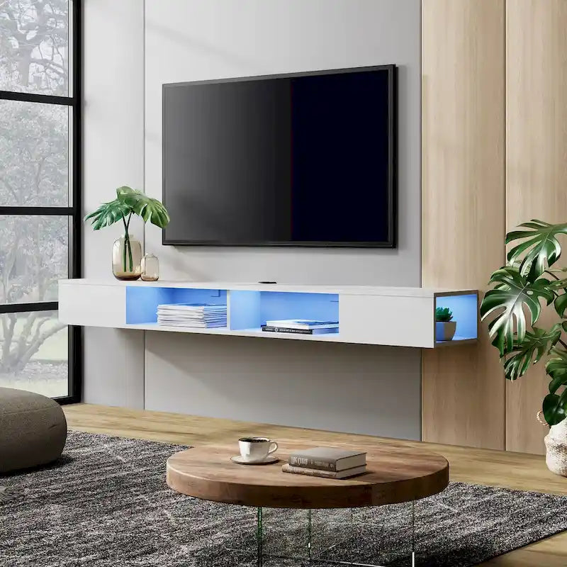 Móvel de TV flutuante branco de 70 polegadas com iluminação LED, compartimentos de arrumação e gestão de cabos
