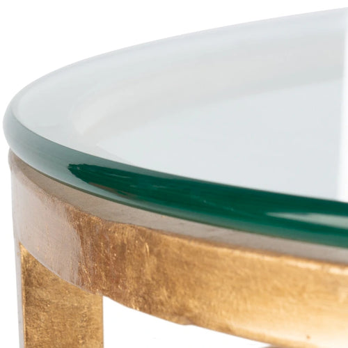 Runder Beistelltisch mit 27-Inch-Platte aus gehärtetem Glas und antikgoldfarbenem Metallgestell