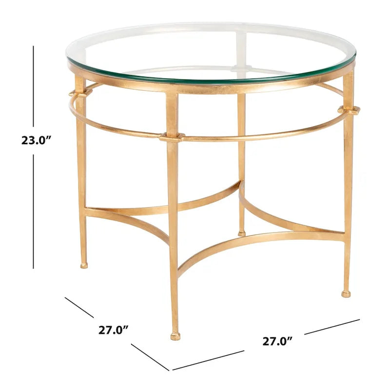 27-Inch Round Tempered Glass Side Table with Antique Gold Metal Frame