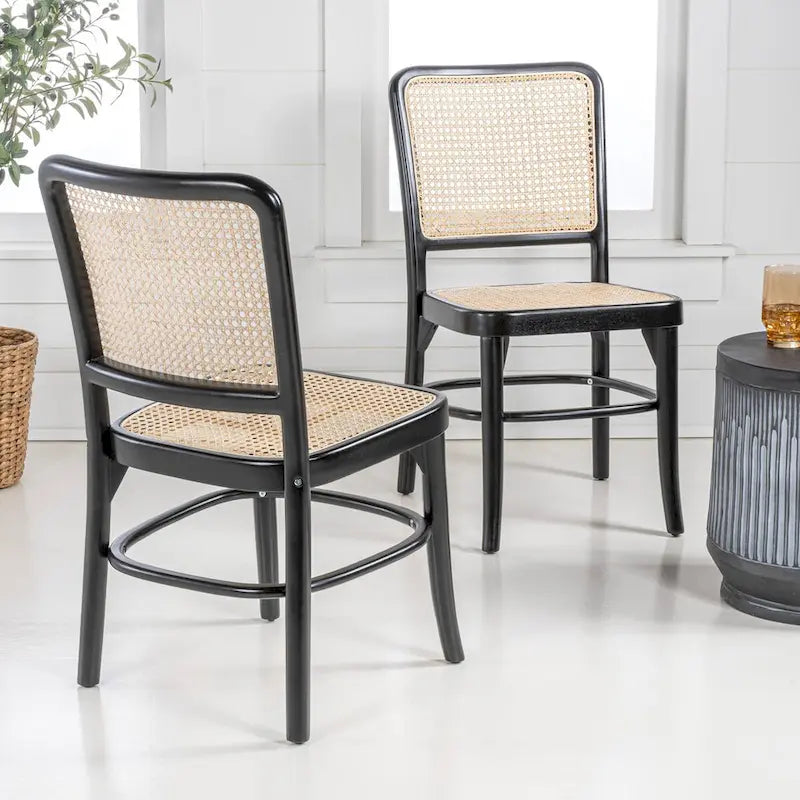 Esszimmerstühle aus Massivholz im Mid-Century-Stil mit Sitzen und Rückenlehnen aus natürlichem Rohrgeflecht, 2 Stühle