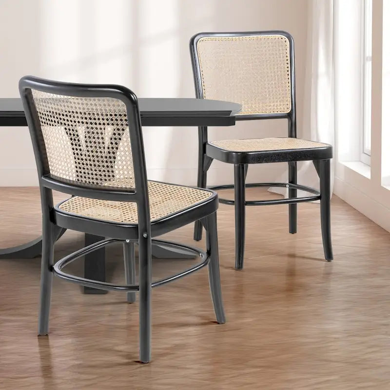 Mid-Century Solid Wood Dining Chairs with Natural Cane Seats and Backs, 2 Chairs