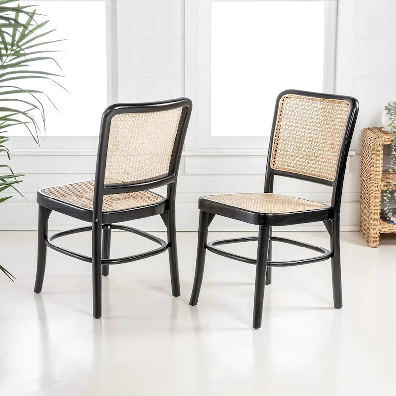 Mid-Century Solid Wood Dining Chairs with Natural Cane Seats and Backs, 2 Chairs