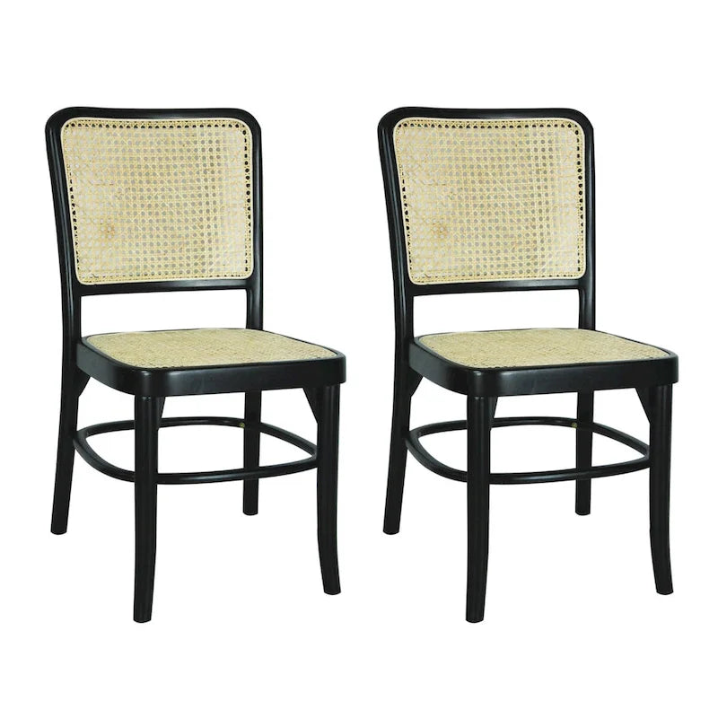 Mid-Century Solid Wood Dining Chairs with Natural Cane Seats and Backs, 2 Chairs