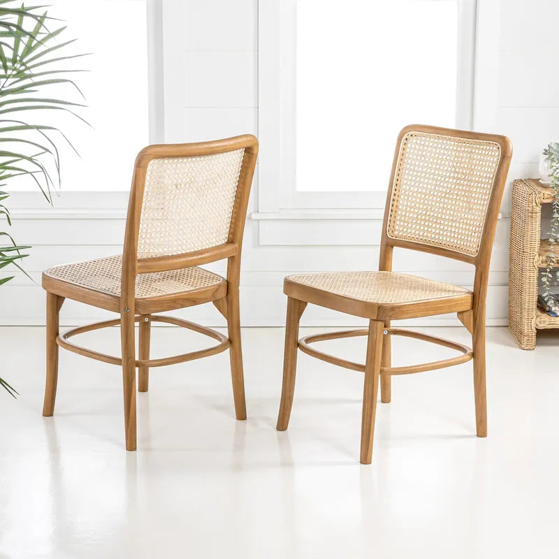 Mid-Century Solid Wood Dining Chairs with Natural Cane Seats and Backs, 2 Chairs