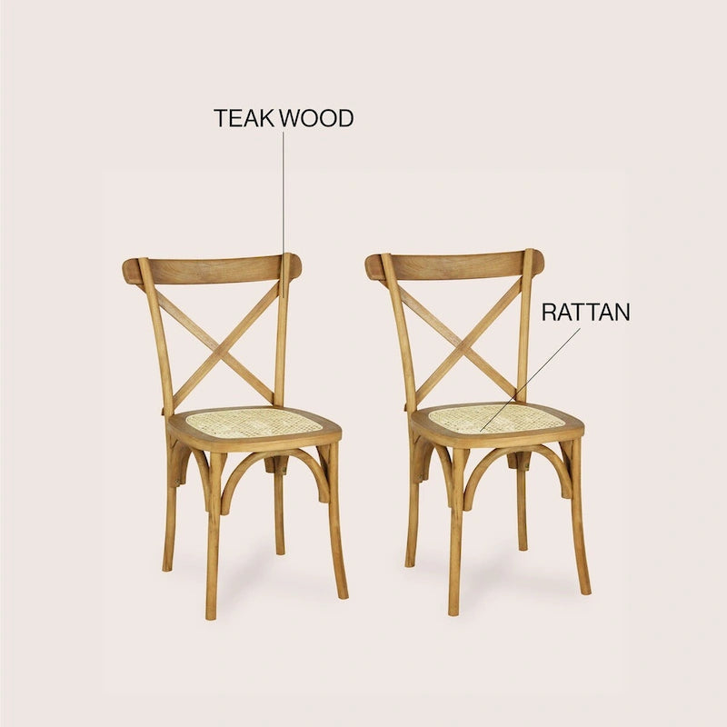 Colmar klassischer traditioneller X-Back-Esszimmerstuhl aus Holz und Rattan, Natur (2er-Set) von JONATHAN Y