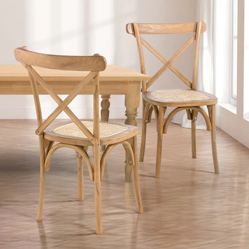 Colmar klassischer traditioneller X-Back-Esszimmerstuhl aus Holz und Rattan, Natur (2er-Set) von JONATHAN Y