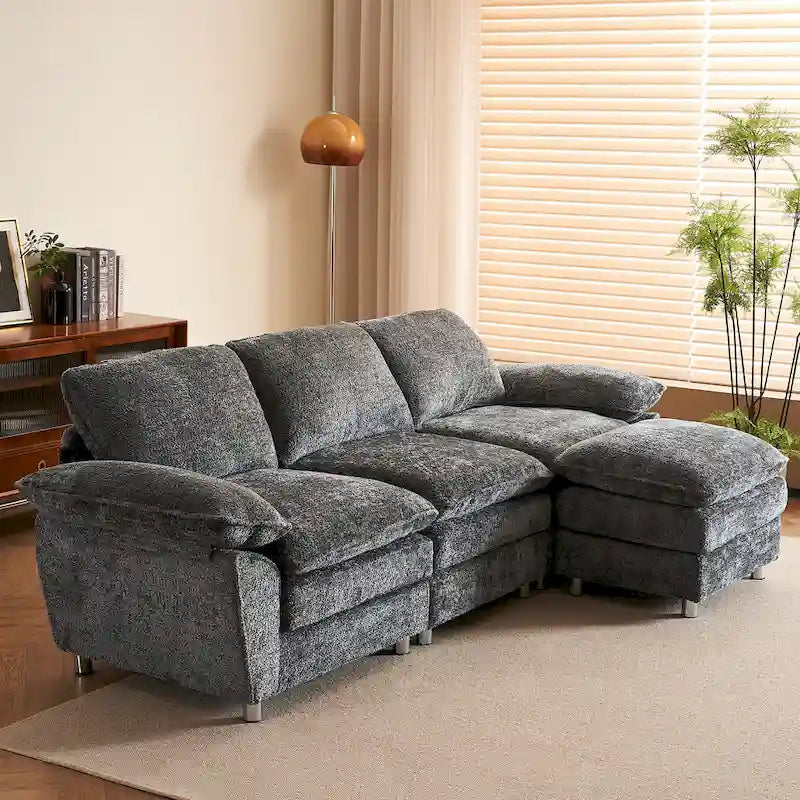 Modern dark three-seater sofa, polyester sofa sleeper, comfortable upholstered furniture for living room, apartment