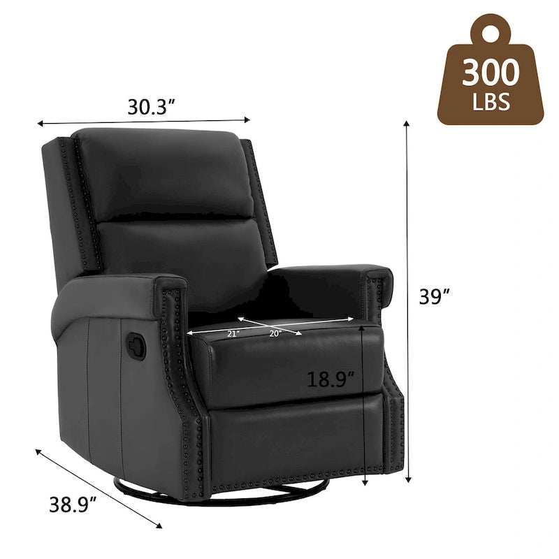 Genuine Leather Manual Rocking Recliner with 360-degree Metal Swivel Base