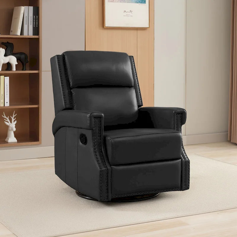 Genuine Leather Manual Rocking Recliner with 360-degree Metal Swivel Base