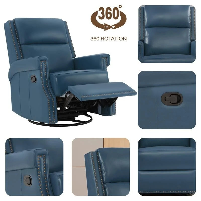 Genuine Leather Manual Rocking Recliner with 360-degree Metal Swivel Base
