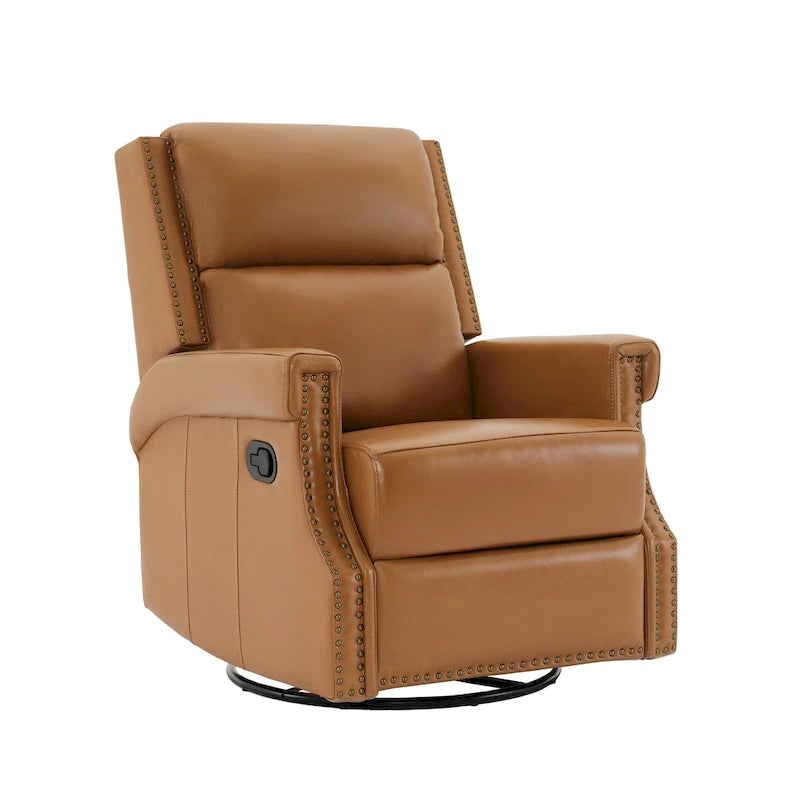Genuine Leather Manual Rocking Recliner with 360-degree Metal Swivel Base