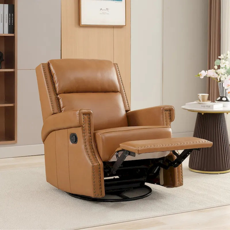 Genuine Leather Manual Rocking Recliner with 360-degree Metal Swivel Base