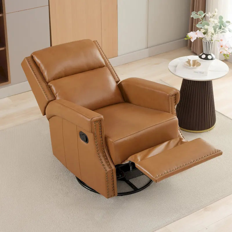 Genuine Leather Manual Rocking Recliner with 360-degree Metal Swivel Base