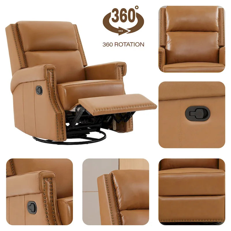 Genuine Leather Manual Rocking Recliner with 360-degree Metal Swivel Base