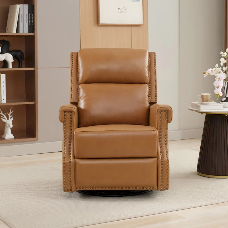 Genuine Leather Manual Rocking Recliner with 360-degree Metal Swivel Base