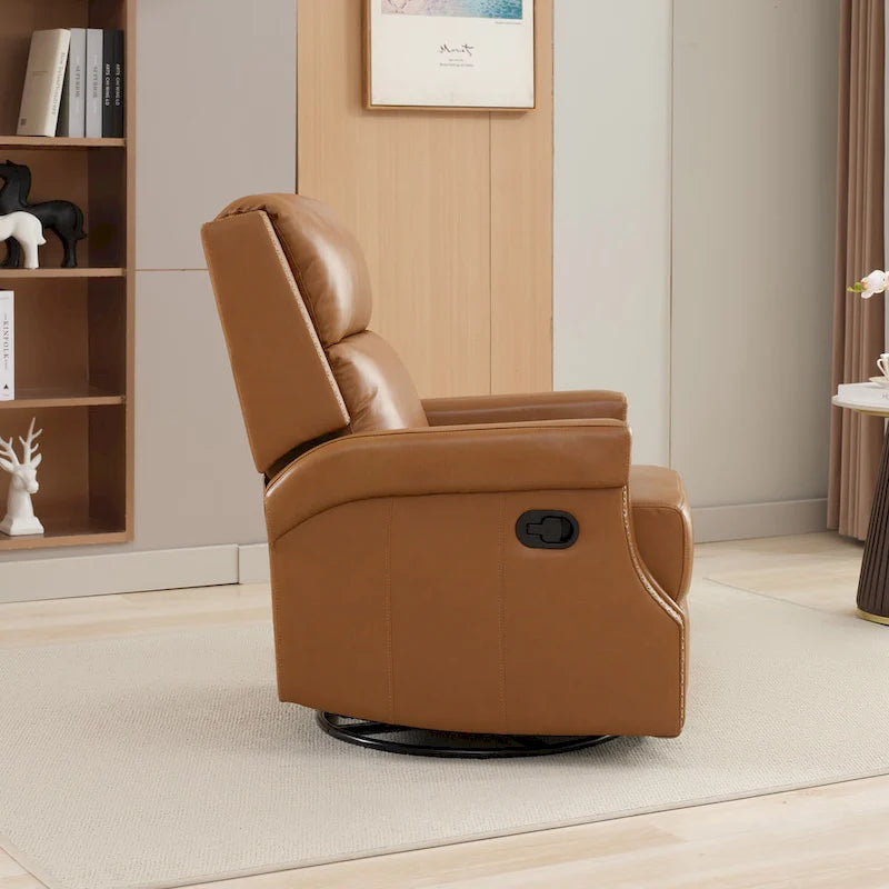 Genuine Leather Manual Rocking Recliner with 360-degree Metal Swivel Base