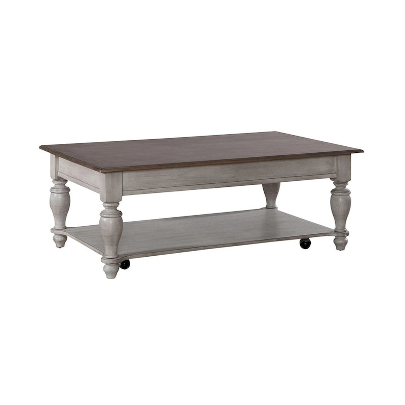 48-Inch Antique White Rectangular Coffee Table with Lower Shelf and Casters