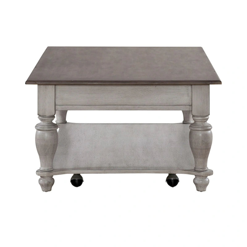 48-Inch Antique White Rectangular Coffee Table with Lower Shelf and Casters