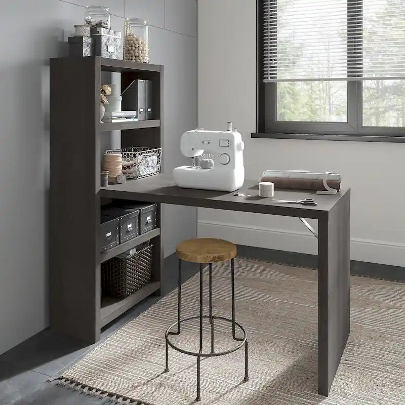 56-Inch Craft Table with Two Adjustable Storage Shelves and Scratch-Resistant Laminate Surface