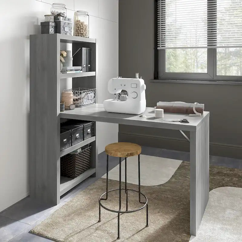 56-Inch Craft Table with Two Adjustable Storage Shelves and Scratch-Resistant Laminate Surface
