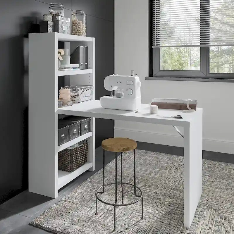 56-Inch Craft Table with Two Adjustable Storage Shelves and Scratch-Resistant Laminate Surface