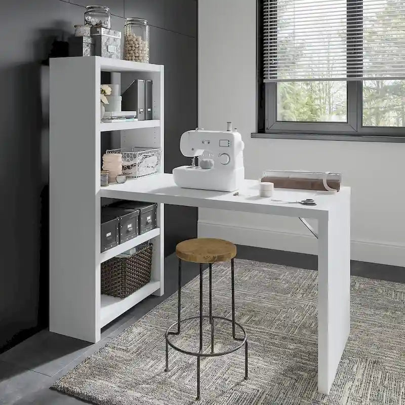 56-Inch Craft Table with Two Adjustable Storage Shelves and Scratch-Resistant Laminate Surface