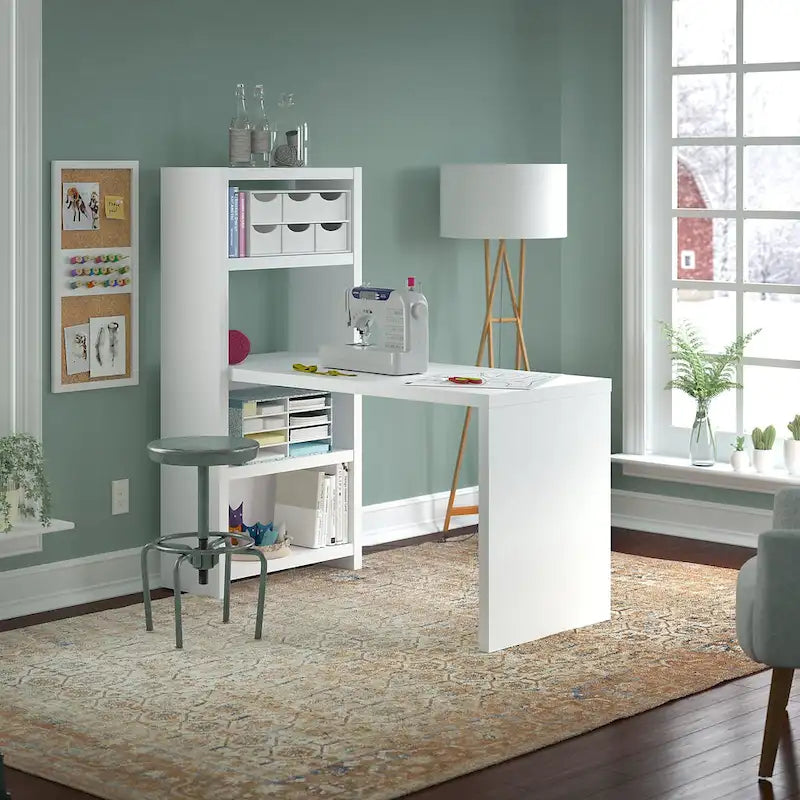 56-Inch Craft Table with Two Adjustable Storage Shelves and Scratch-Resistant Laminate Surface