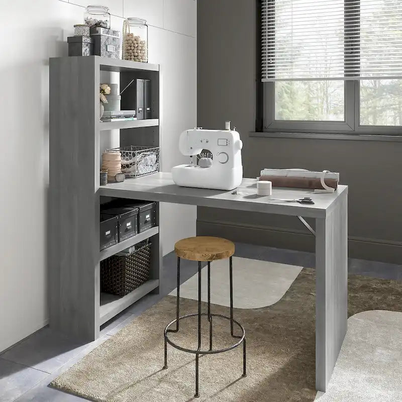 56-Inch Craft Table with Two Adjustable Storage Shelves and Scratch-Resistant Laminate Surface