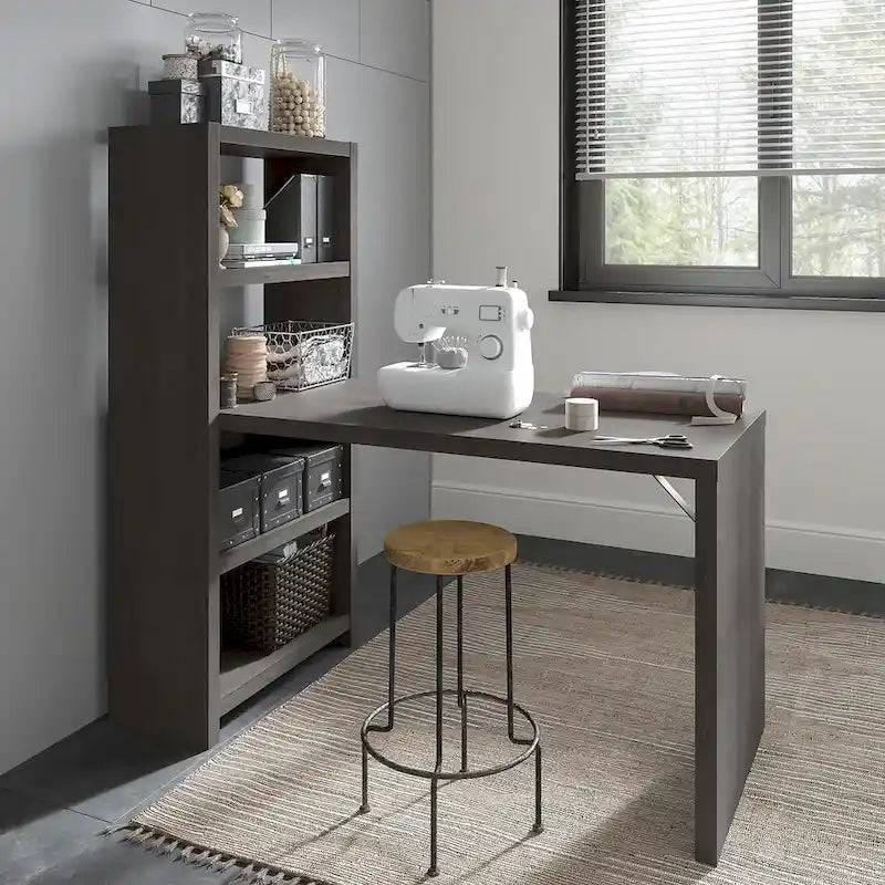 56-Inch Craft Table with Two Adjustable Storage Shelves and Scratch-Resistant Laminate Surface