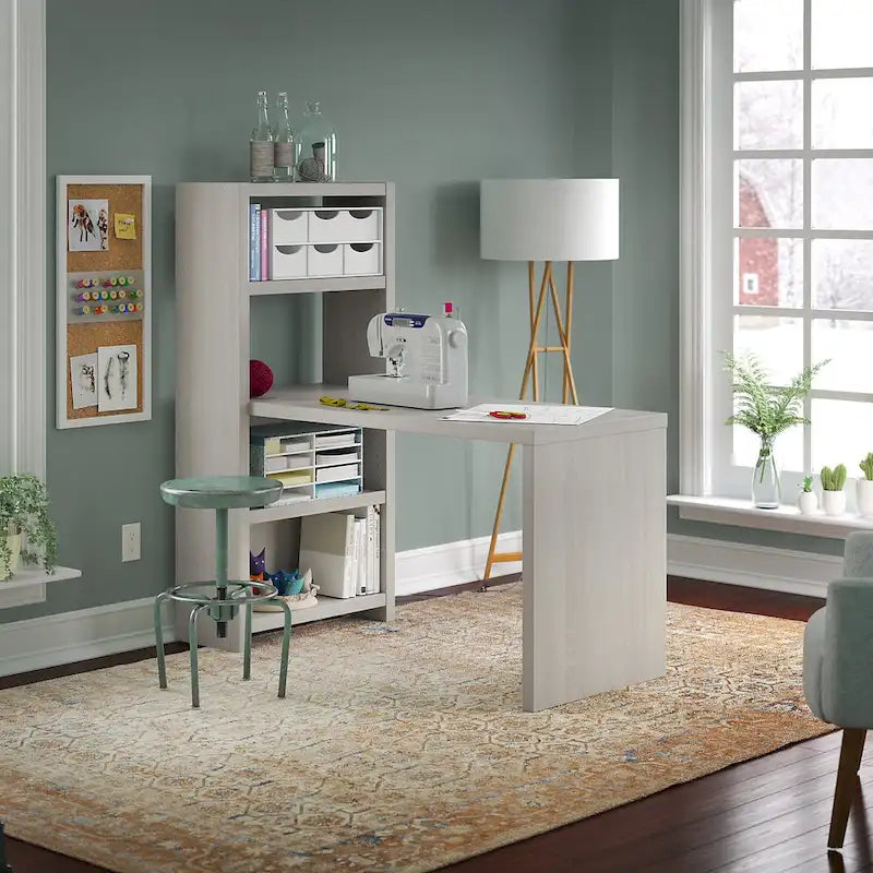 56-Inch Craft Table with Two Adjustable Storage Shelves and Scratch-Resistant Laminate Surface